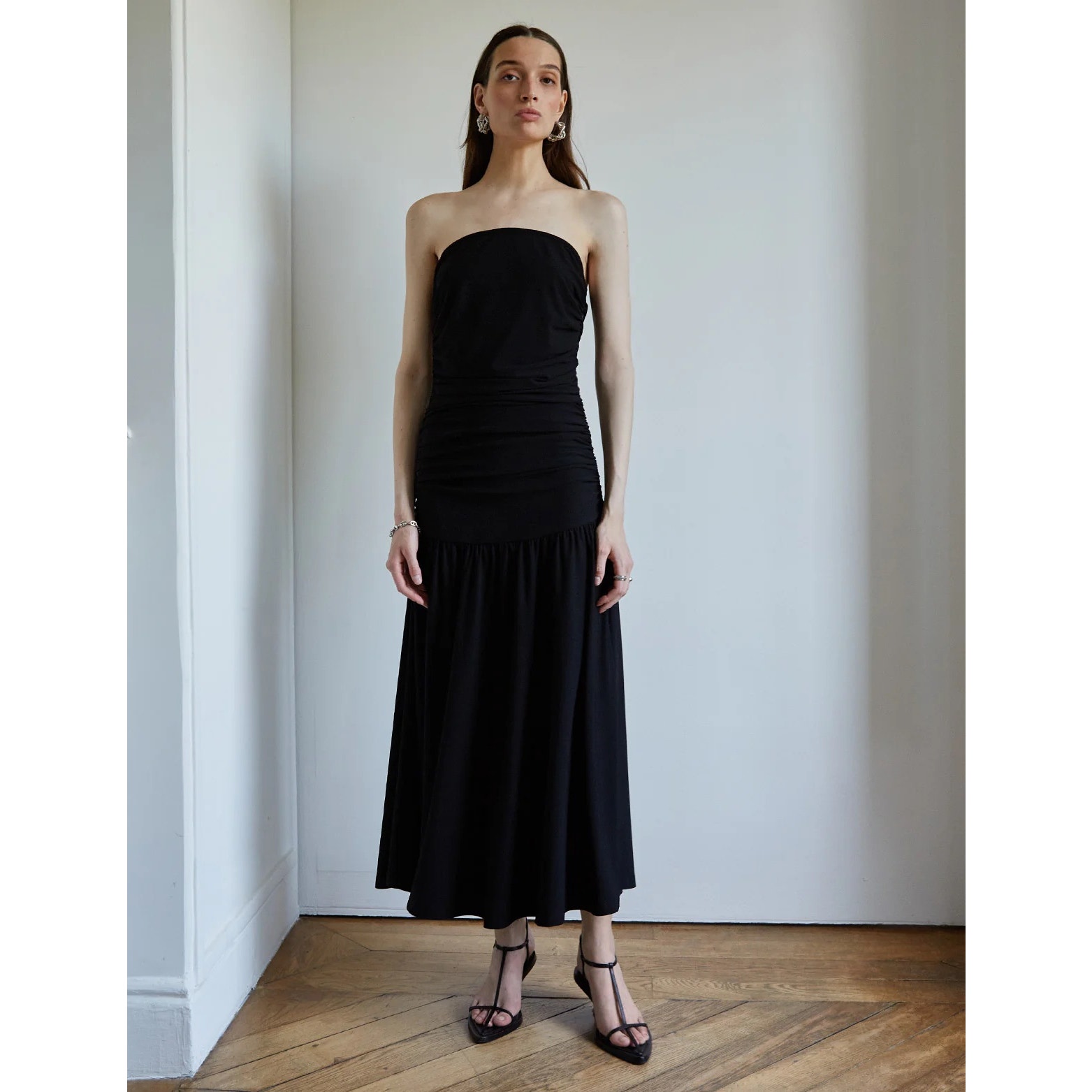 Pixie Market Women's Solid Ruched Black Strapless Flared Long Maxi Dress Size L — image 2 of 8